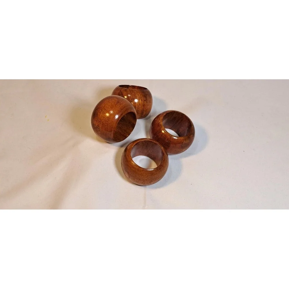 Vintage Mid Century Modern Polished Wood Napkin Rings Set of 4 Brown Round MCM
